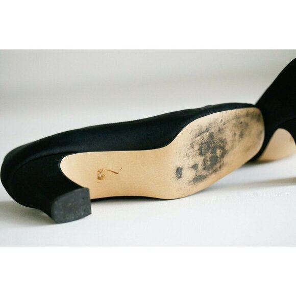 Vintage Hand Made Back Satin Rhinestone Slip on Heels 6.5 - Picture 8 of 8